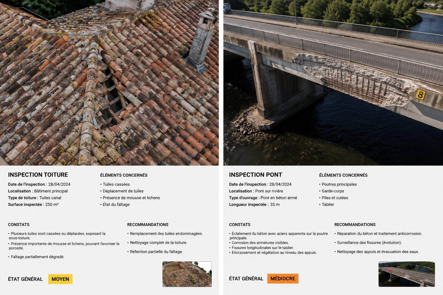 Rapport d'inspection par drone — toiture en tuiles et pont en béton armé