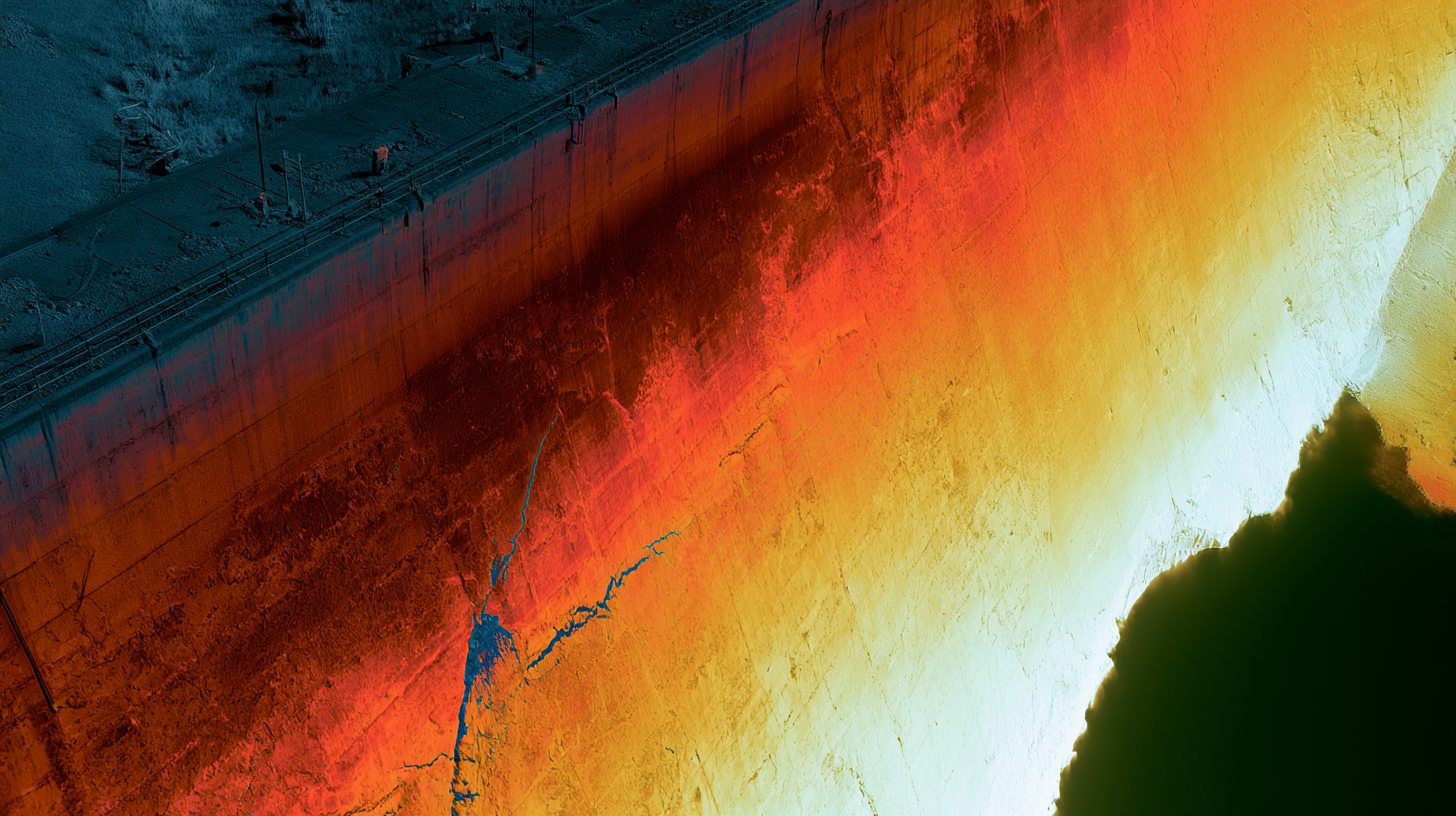 Image thermique infrarouge par drone — fissure détectée sur un parement de barrage