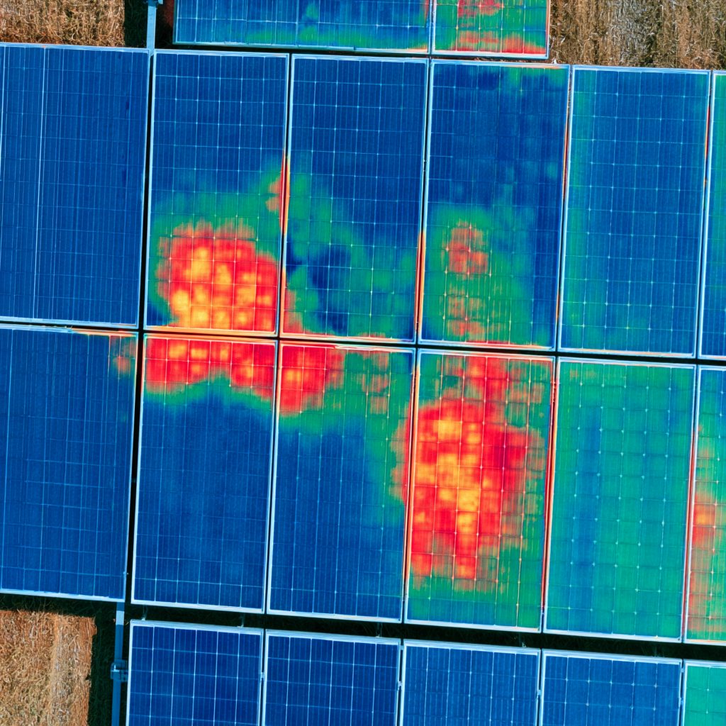 Image thermique infrarouge par drone — points chauds détectés sur une centrale photovoltaïque