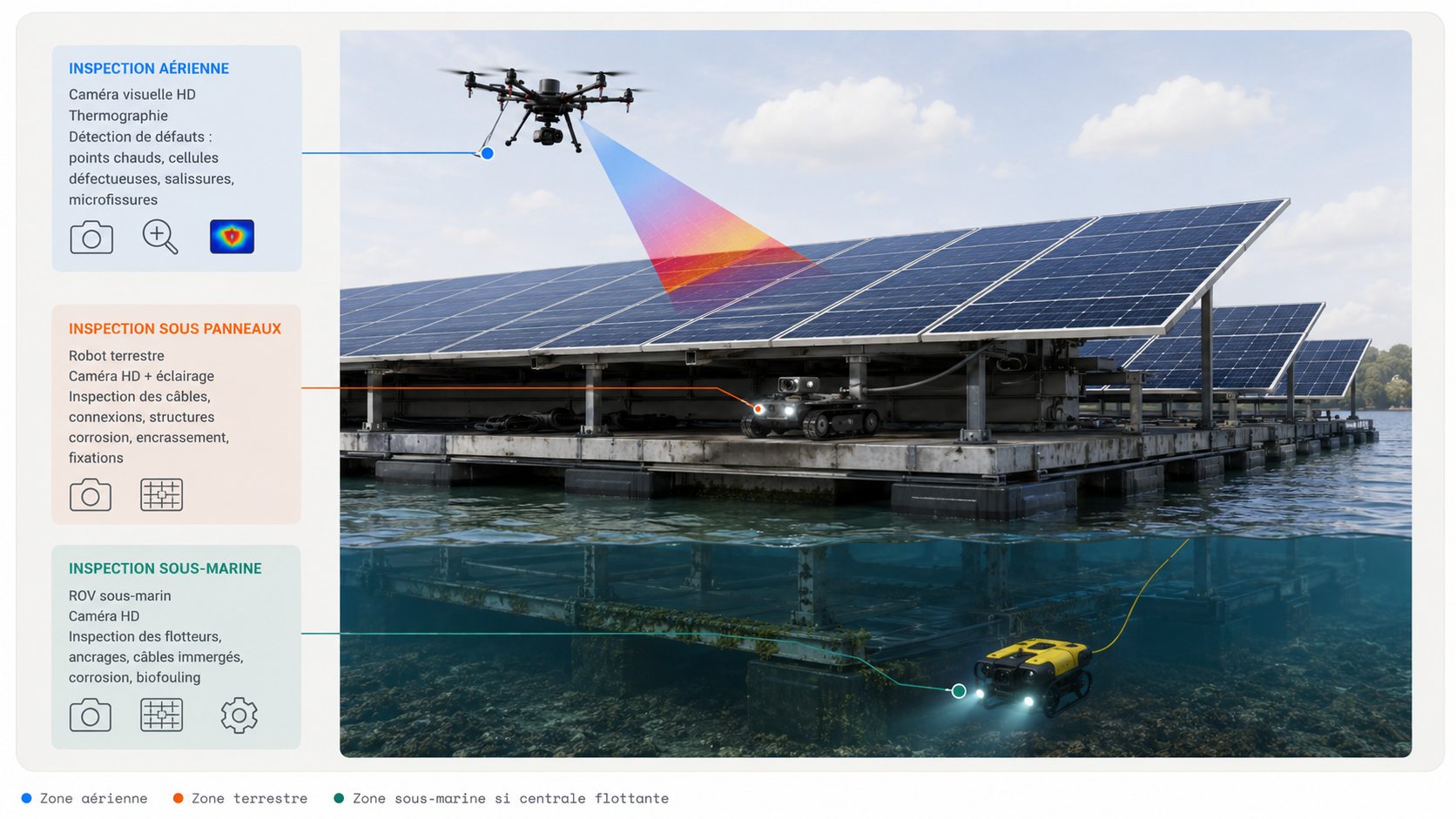 Illustration — centrale photovoltaïque flottante montrant l'inspection aérienne, l'inspection terrestre sous les panneaux et l'inspection sous-marine des flotteurs