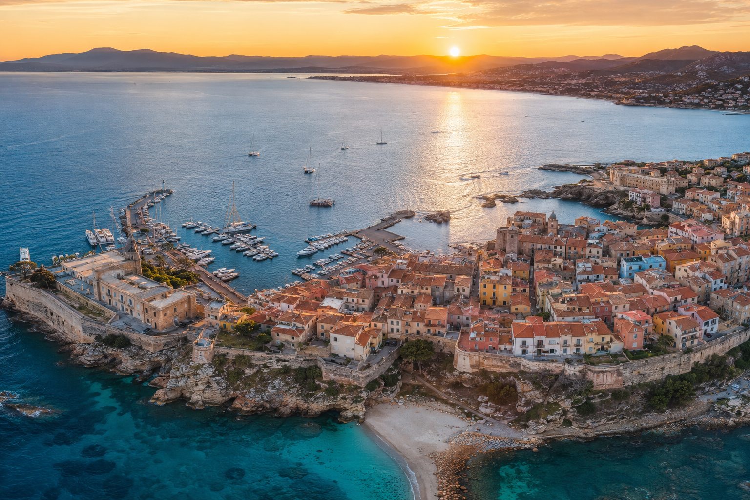 Vue aérienne au coucher de soleil d'une cité côtière méditerranéenne — captation drone Ingefly