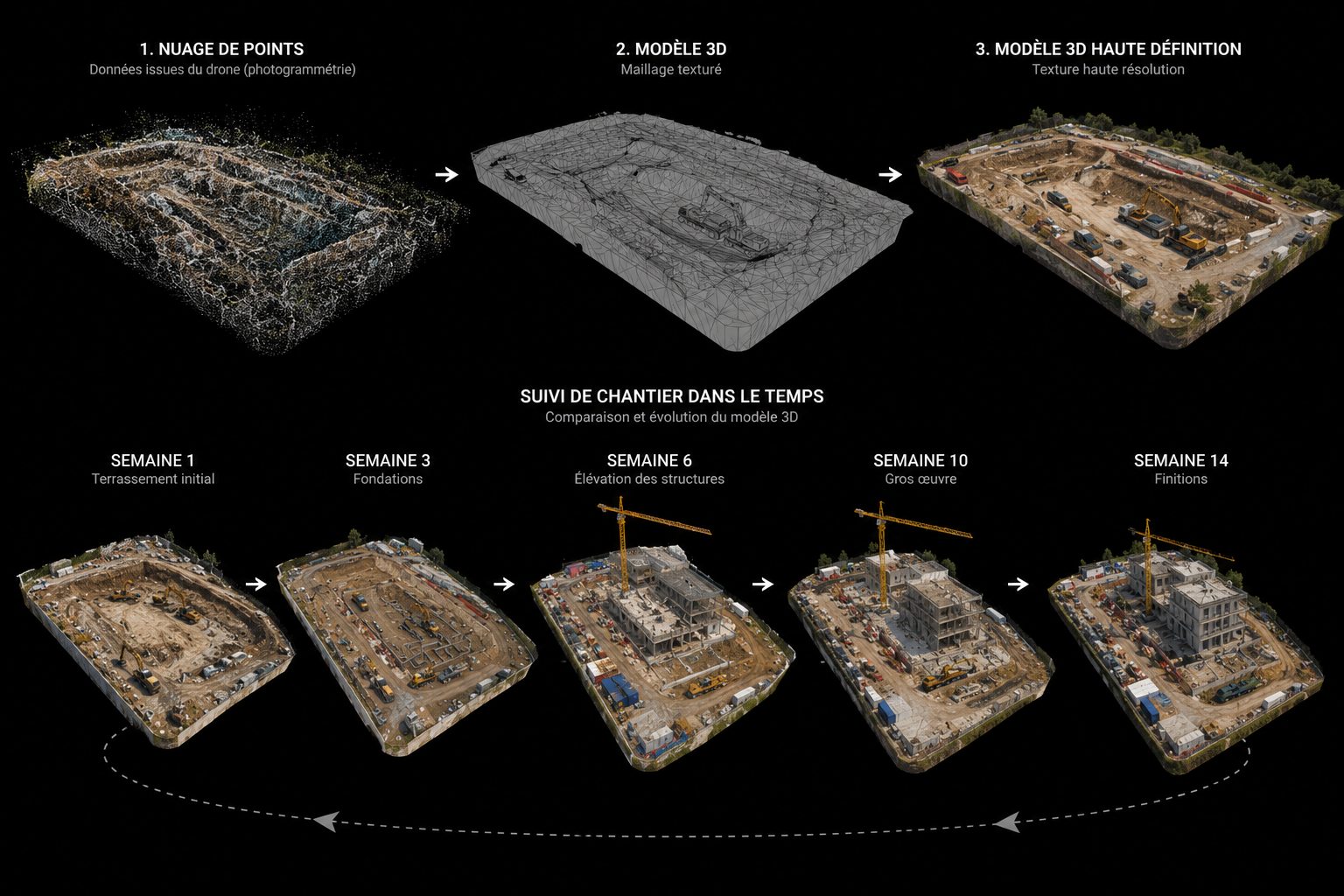 Suivi d'avancement de chantier par photogrammétrie drone — 14 semaines de relevés 3D